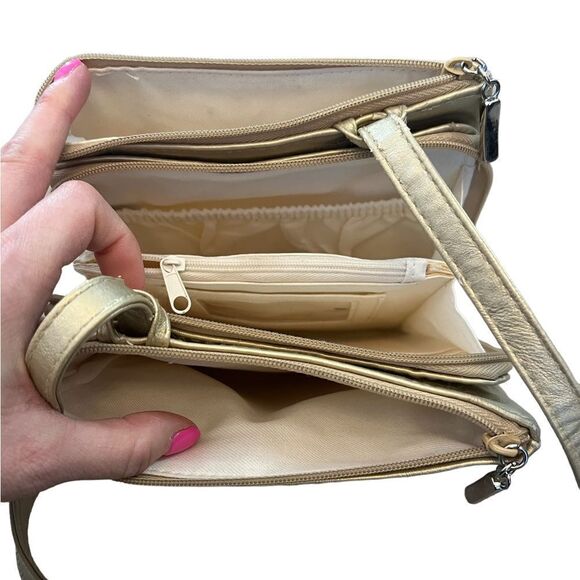 Metallic Gold Multi Pocket Zip Close Adjustable Strap Cross Body Purse Bag - Picture 5 of 8